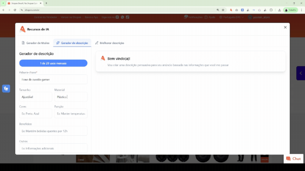 GIF mostrando como gerar descrição automática com IA no Avantpro Shopee