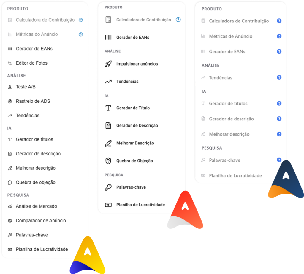 Menus de Ferramenta das extensões Avantpro Mercado Livre, Shopee e Amazon