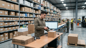 Seller em galpão logístico lendo código de barras de caixa já sabendo como gerar EAN para marketplaces