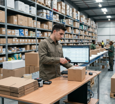 Seller em galpão logístico lendo código de barras de caixa já sabendo como gerar EAN para marketplaces